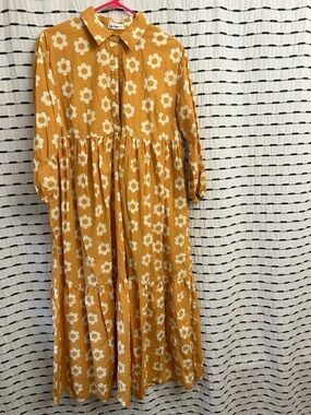 Spring Mustard Yellow Floral Button-Front Tiered Maxi Dress
